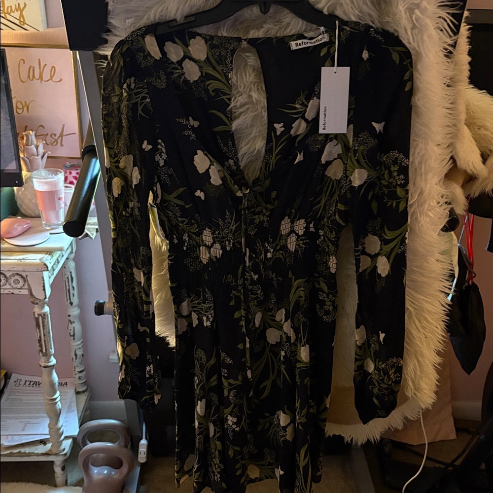 REFORMATION Floral Black and Green Dress